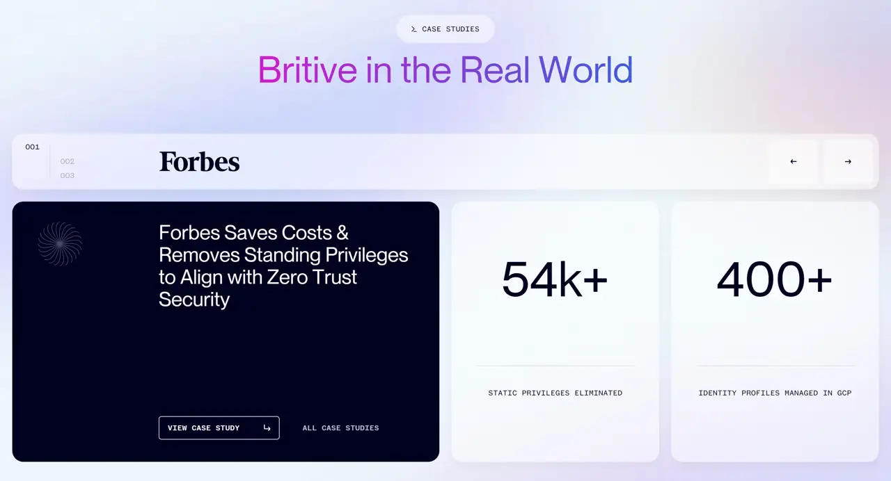 Секция «Кейсы» с сайта https://britive.madebybuzzworthy.com/, тематика — SaaS, цвета — Белый, Черный, стиль — Корпоративный, Минимализм, типографика — Без засечек