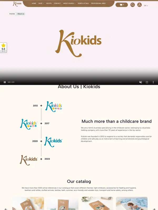 Страница о компании Kiokids, тематика — Интернет-магазин, цвета — Белый, Серый, стиль — Корпоративный, Минимализм, типографика — Без засечек, Рукописные