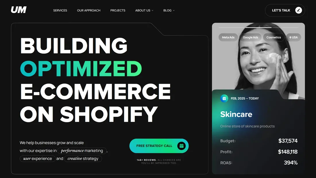 Секция «Первый экран» с сайта https://um.marketing/, тематика — Маркетинг, цвета — Черный, Серый, стиль — Минимализм, типографика — Без засечек