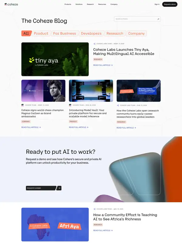 Блог Cohere, тематика — SaaS, цвета — Белый, Черный, Серый, стиль — Корпоративный, Карточный, Минимализм, типографика — Без засечек