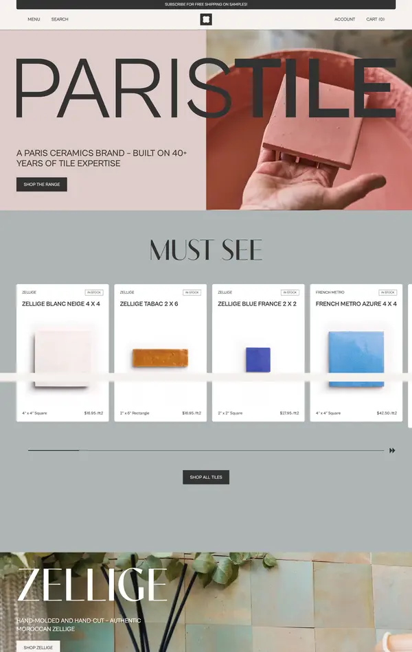 Главная Paris Tile, тематика — Интернет-магазин, Дизайн, цвета — Белый, Черный, Серый, стиль — Корпоративный, типографика — Без засечек