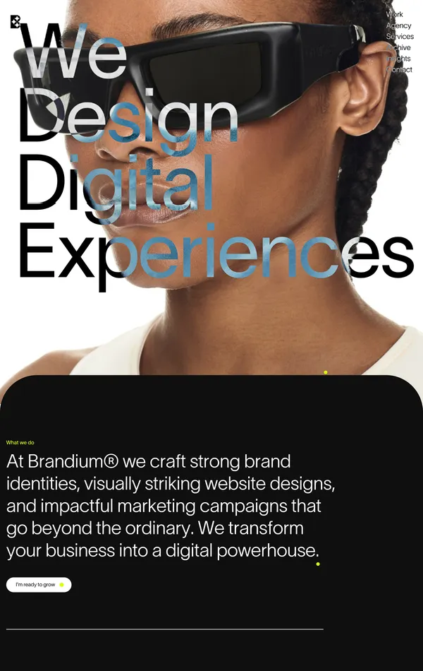 Главная Brandium, тематика — Агентство , цвета — Белый, Черный, Серый, стиль — Корпоративный, Типографика, типографика — Без засечек