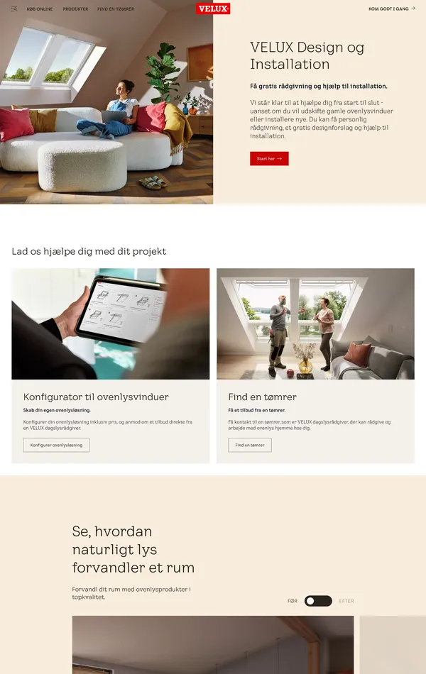 Главная VELUX, тематика — Строительство, цвета — Белый, Серый, стиль — Корпоративный, типографика — Без засечек