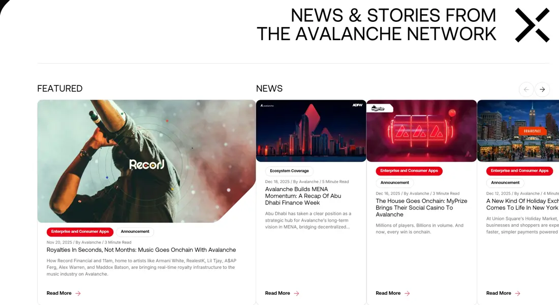 Секция «Новости» с сайта https://www.avax.network/, тематика — Крипто  и блокчейн, цвета — Белый, Серый, стиль — Минимализм, типографика — Без засечек