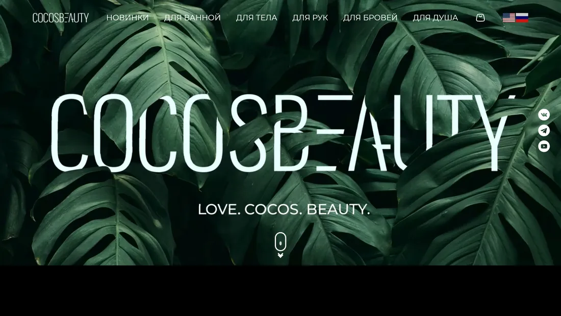 Секция «Первый экран» с сайта https://cocosbeauty.shop/, тематика — Красота, цвета — Черный, Серый, стиль — Минимализм, типографика — Декоративные, Без засечек