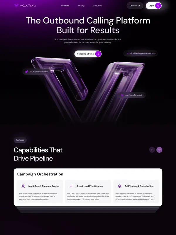 Лендинг Voxr AI, тематика — SaaS, цвета — Черный, стиль — Корпоративный, Карточный, типографика — Без засечек, Декоративные
