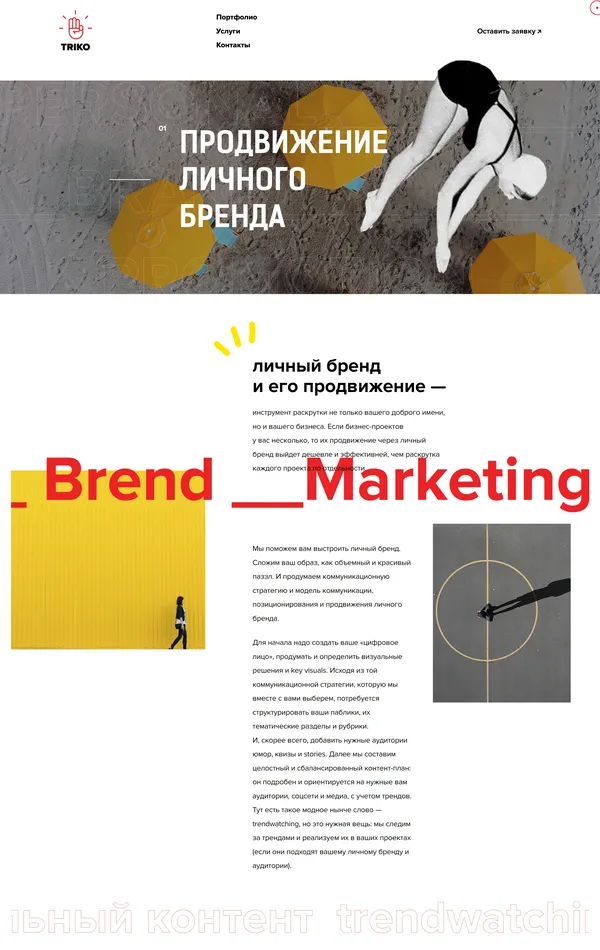 Услуги TRIKO, тематика — Маркетинг, Дизайн, цвета — Белый, Серый, стиль — Минимализм, Брутализм, типографика — Без засечек, Декоративные