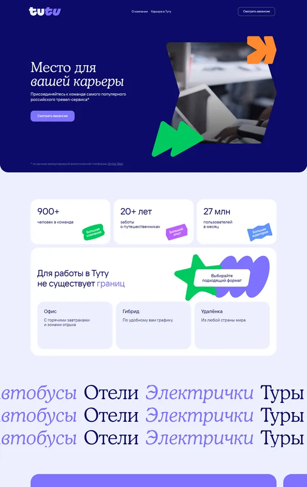 Страница карьеры Tutu.ru, тематика — Путешествия и туризм, цвета — Белый, Черный, стиль — Корпоративный, типографика — Без засечек