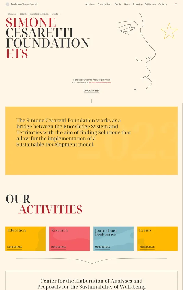 Главная Simone Cesaretti Foundation, тематика — Некоммерческая деятельность, цвета — Белый, Желтый, стиль — Корпоративный, Типографика, типографика — С засечками, Без засечек