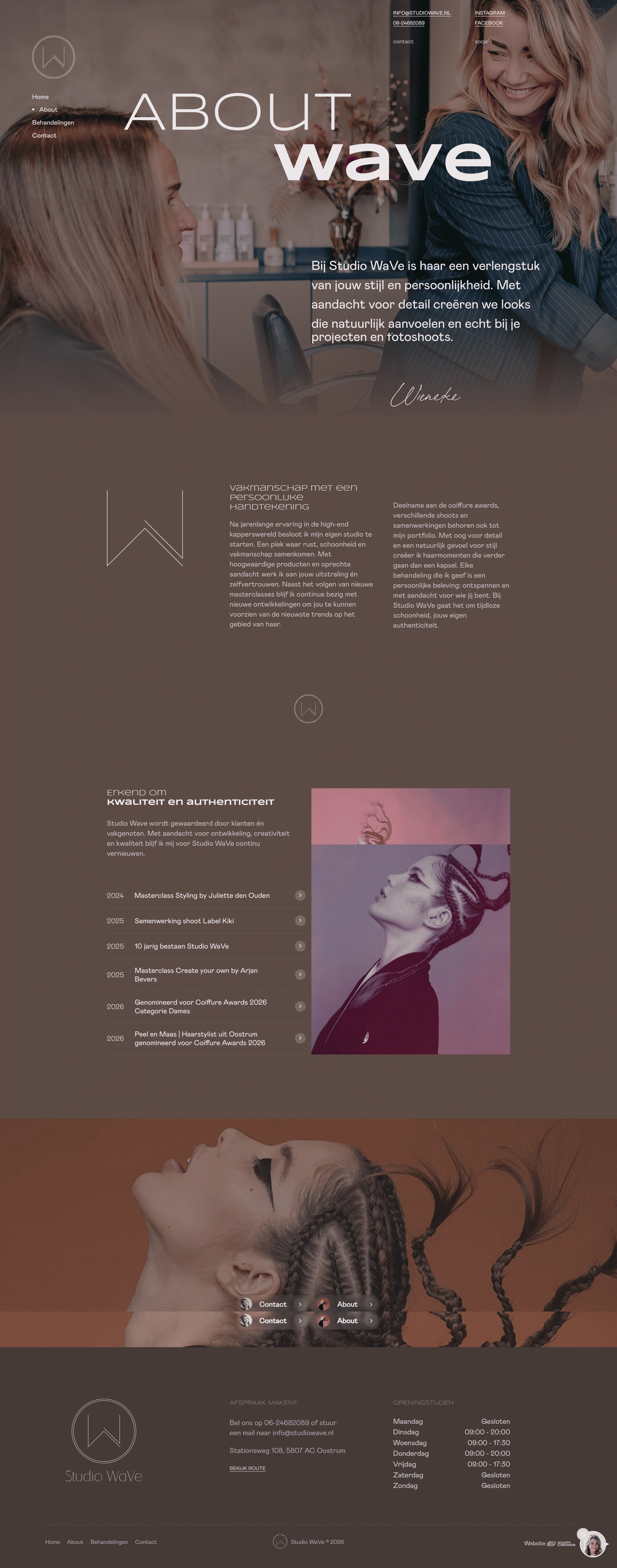 Studio WaVe Страница о компании Studio WaVe, тематика — Красота, цвета — Черный, Серый, Коричневый, стиль — Минимализм, типографика — Без засечек, Декоративные
