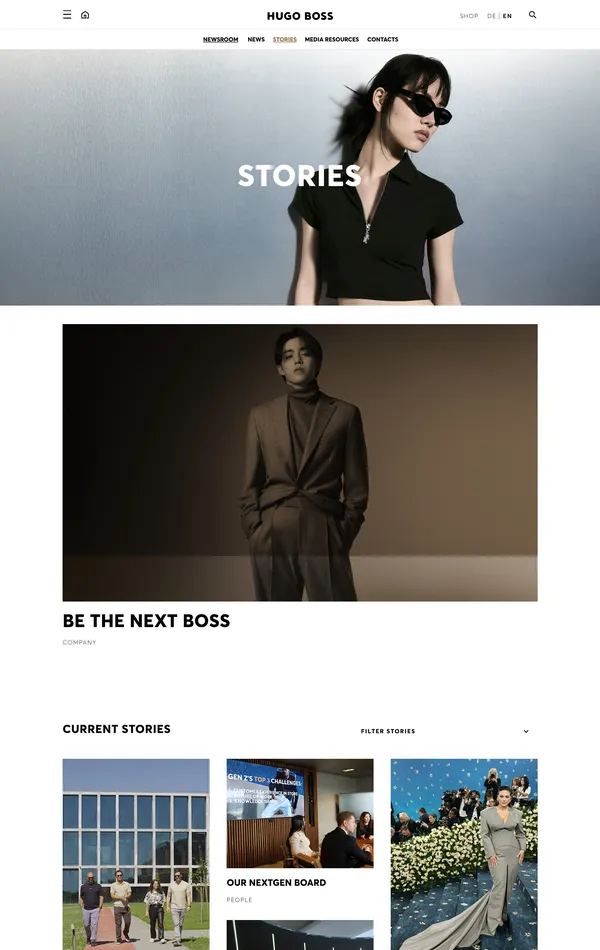 Блог HUGO BOSS, тематика — Интернет-магазин, Одежда, цвета — Белый, Черный, Серый, стиль — Корпоративный, типографика — Без засечек