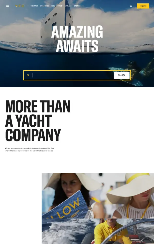 Главная Y.CO, тематика — Путешествия и туризм, цвета — Белый, Черный, Серый, стиль — Корпоративный, Фестивальный, типографика — Без засечек