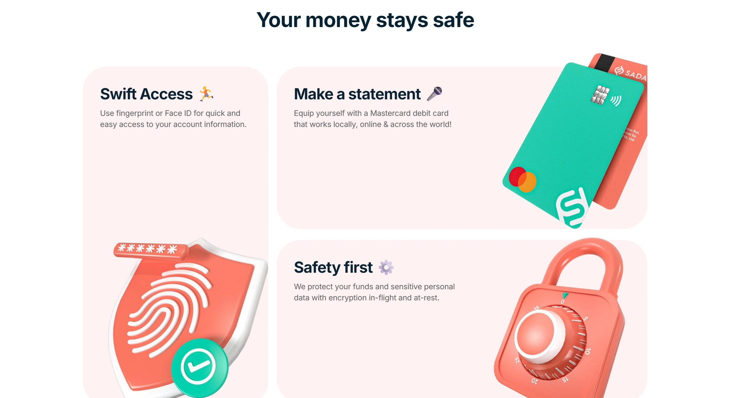 SadaPay Секция «Преимущества» с сайта https://sadapay.pk/, тематика — Финансы, цвета — Белый, Розовый, стиль — Плоский, Минимализм, типографика — Без засечек