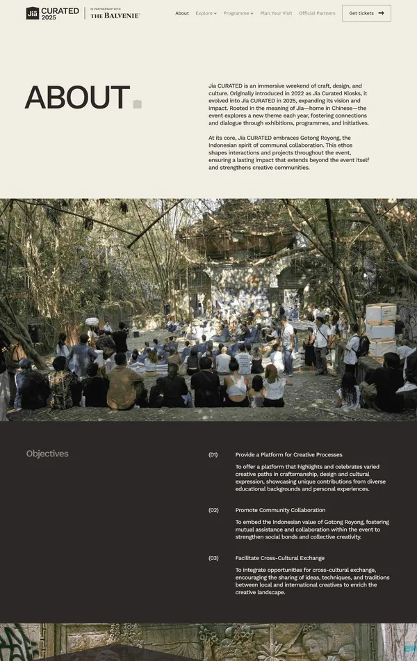 Страница о компании Jia CURATED, тематика — Мероприятия, цвета — Белый, Черный, Серый, стиль — Корпоративный, типографика — Без засечек