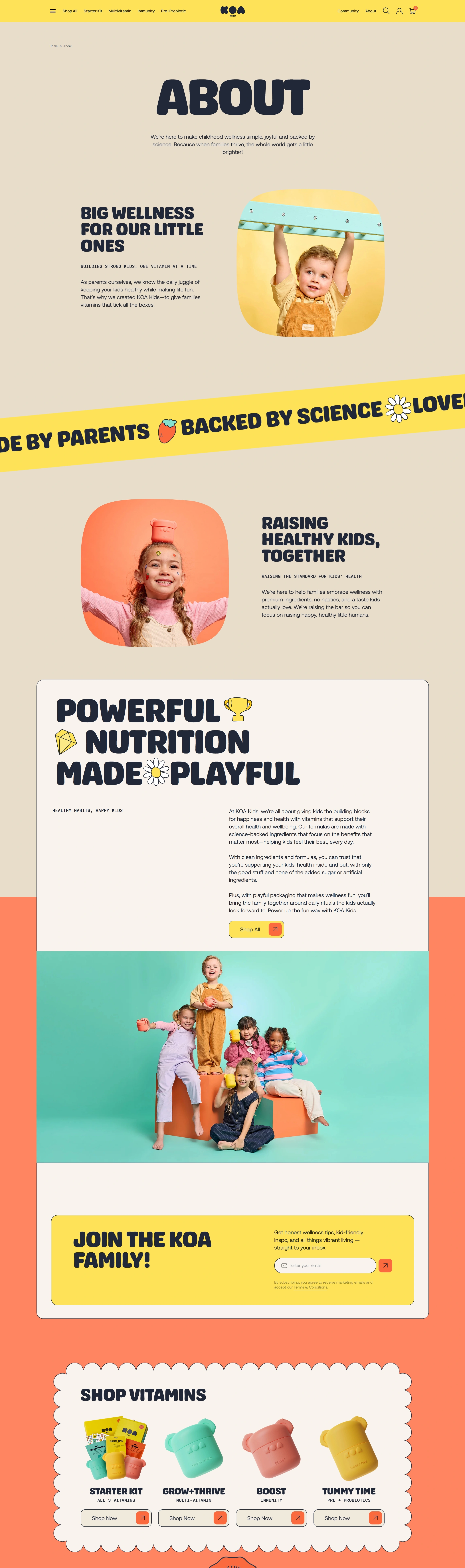 KOA Kids Страница о компании KOA Kids, тематика — Интернет-магазин, Здоровье и фитнес, цвета — Белый, Серый, Розовый, стиль — Плоский, Карточный, Фестивальный, типографика — Без засечек, Декоративные