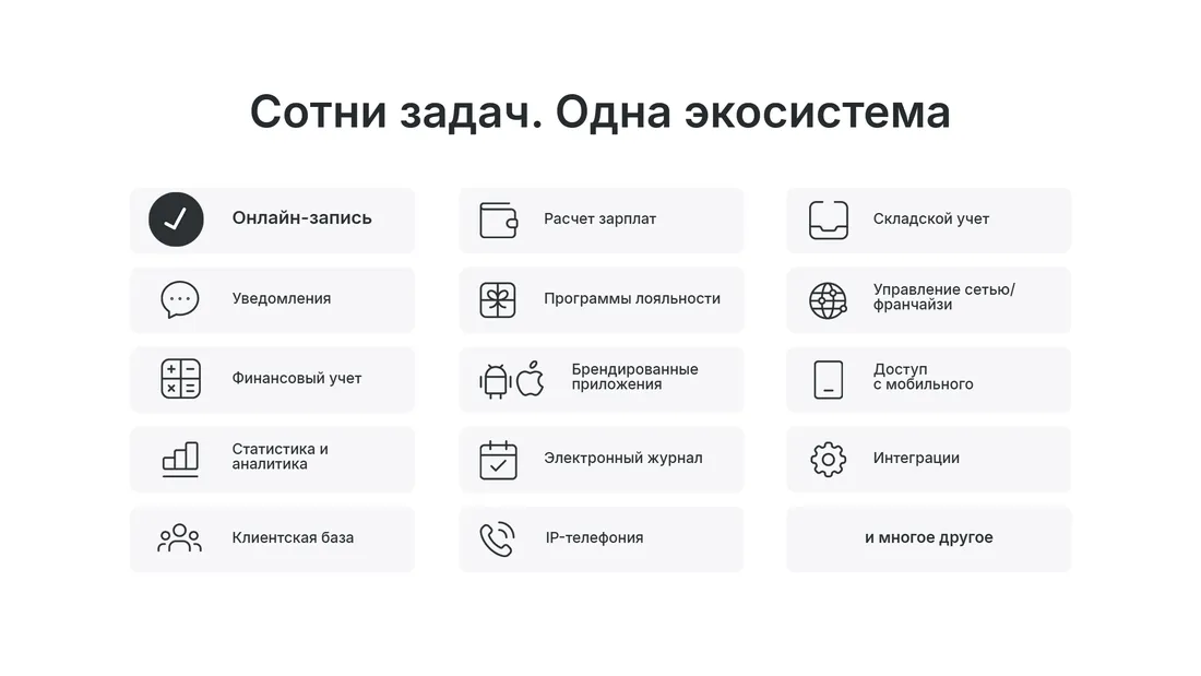 Секция «Преимущества» с сайта https://www.yclients.com/, тематика — IT и программное обеспечение, SaaS, цвета — Белый, стиль — Корпоративный, Минимализм, типографика — Без засечек