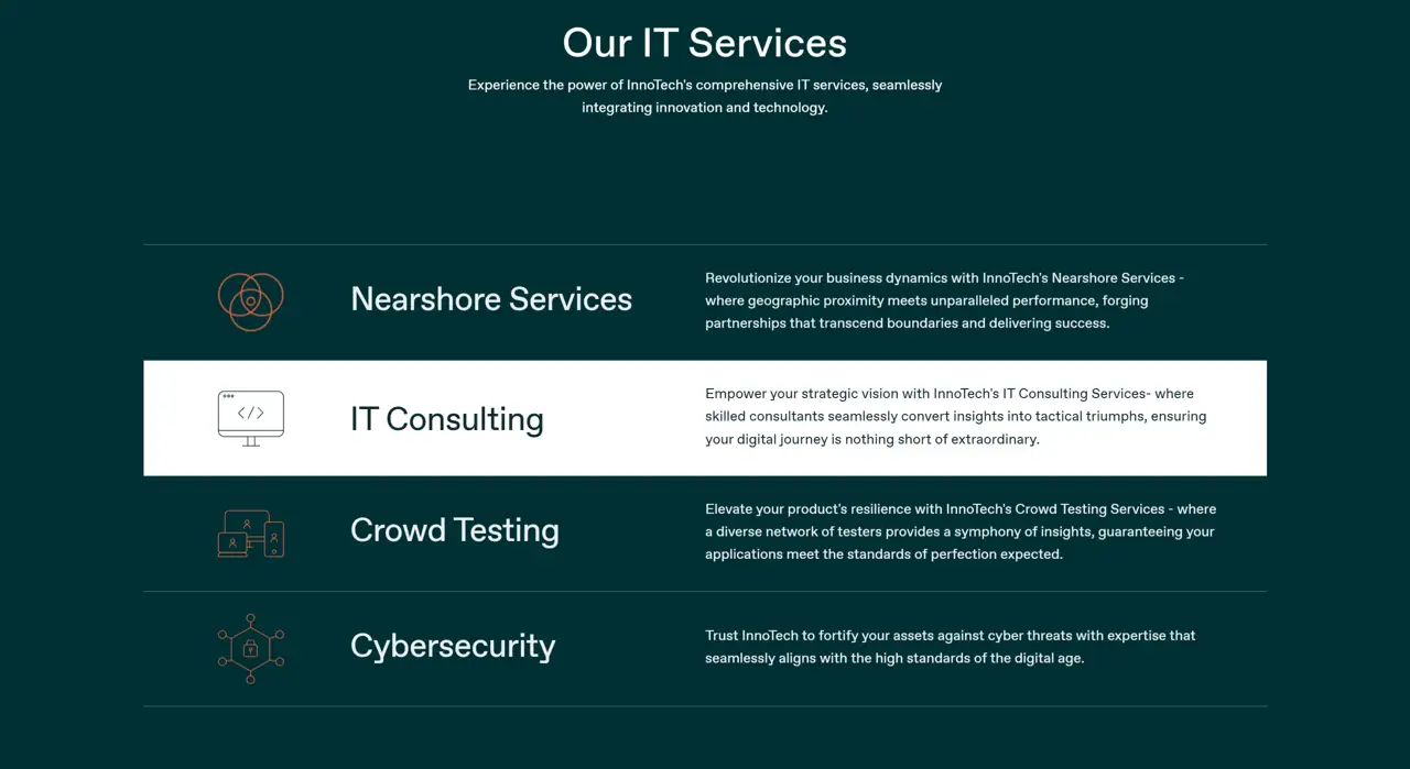 Секция «Услуги» с сайта https://innotech.pt/, тематика — IT и программное обеспечение, цвета — Черный, стиль — Корпоративный, Минимализм, типографика — Без засечек