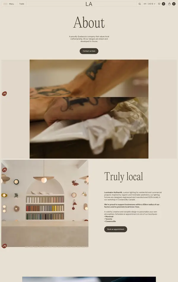 Страница о компании Luminaire Authentik, тематика — Дизайн, цвета — Белый, Серый, Коричневый, стиль — Корпоративный, типографика — С засечками, Без засечек