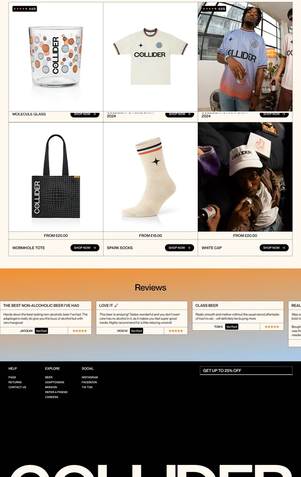 Секция «Товары» с сайта https://www.drinkcollider.com/, тематика — Еда и напитки, цвета — Белый, Черный, Серый, стиль — Корпоративный, Минимализм, типографика — Без засечек