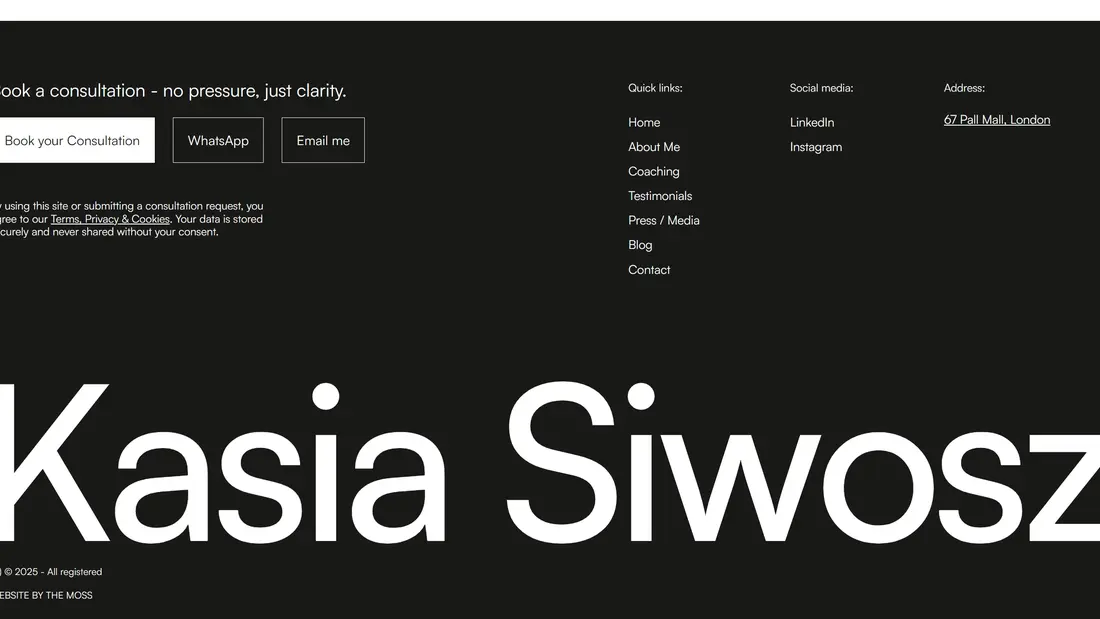 Секция «Контакты» с сайта https://www.kasiasiwosz.com/, тематика — Бизнес и профессиональные услуги, цвета — Белый, Черный, стиль — Минимализм, типографика — Без засечек