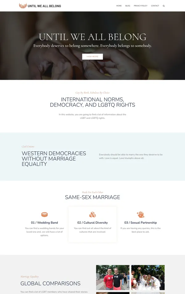 Главная Until We All Belong, тематика — Некоммерческая деятельность, цвета — Белый, Черный, стиль — Корпоративный, типографика — Без засечек