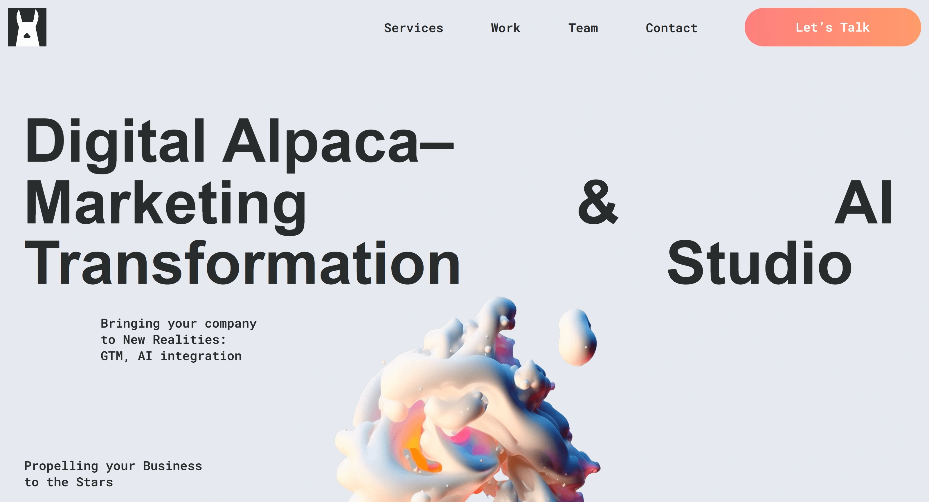 Digital Alpaca Секция «Первый экран» с сайта https://digitalalpaca.io/, тематика — Маркетинг, цвета — Белый, Серый, стиль — Корпоративный, Минимализм, типографика — Без засечек, Декоративные
