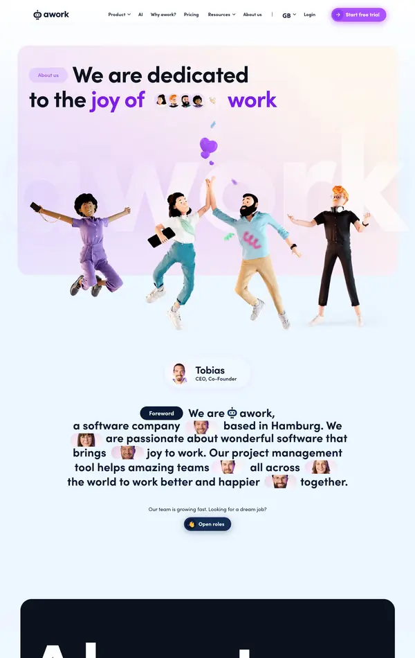 Страница о компании awork, тематика — IT и программное обеспечение, цвета — Белый, Черный, Серый, стиль — Корпоративный, Фестивальный, типографика — Без засечек, Декоративные