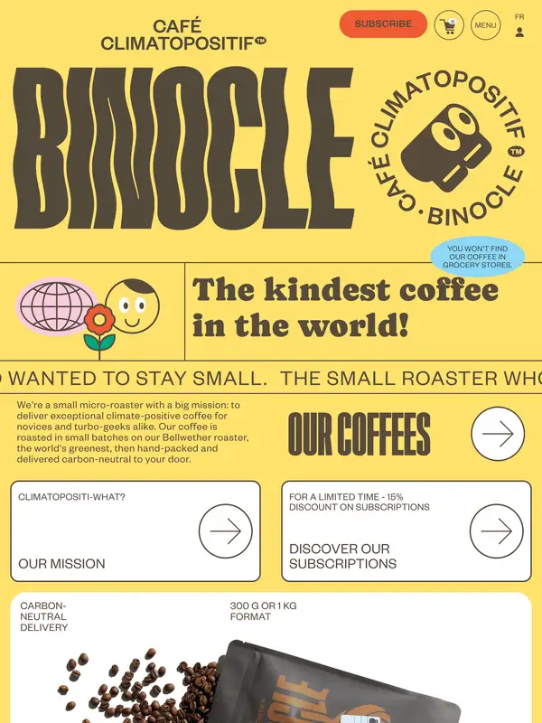 Главная Café Binocle, тематика — Еда и напитки, цвета — Белый, Серый, Желтый, стиль — Брутализм, Ретро, типографика — Декоративные
