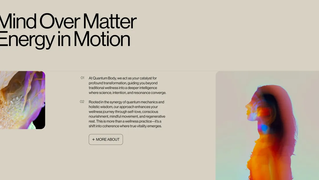 Секция «О компании» с сайта https://www.quantumbody.io/, тематика — Здоровье и фитнес, цвета — Белый, Серый, стиль — Минимализм, типографика — Без засечек