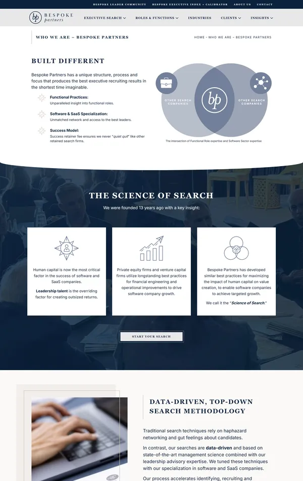 Страница о компании Bespoke Partners, тематика — Бизнес и профессиональные услуги, SaaS, HR, цвета — Белый, Черный, Серый, стиль — Классический, Корпоративный, типографика — С засечками, Без засечек