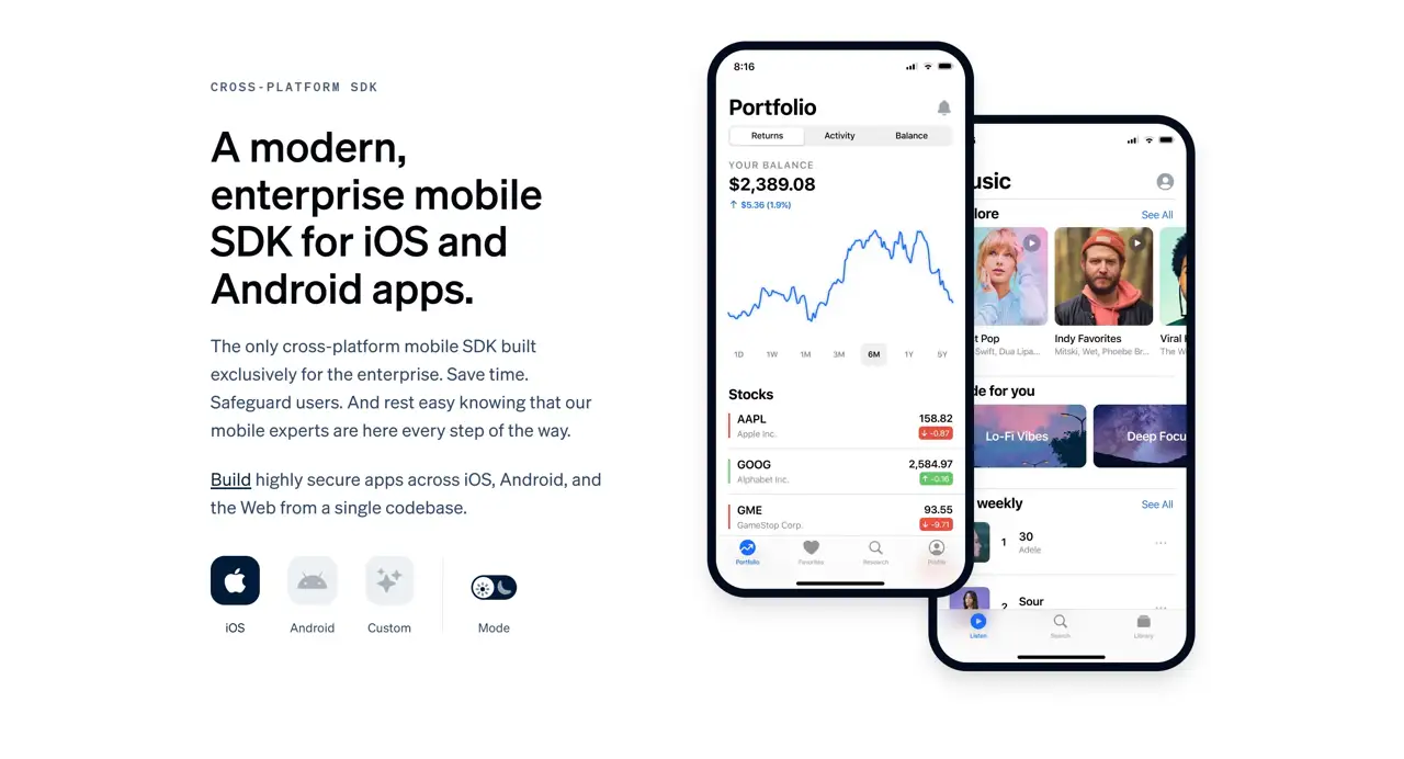 Секция «О продукте» с сайта https://ionic.io/, тематика — Мобильное приложение, цвета — Белый, Серый, стиль — Корпоративный, Минимализм, типографика — Без засечек