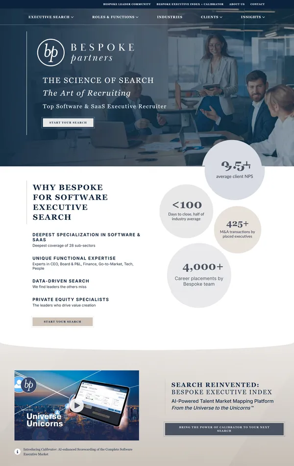 Главная Bespoke Partners, тематика — SaaS, HR, цвета — Белый, Черный, Серый, стиль — Корпоративный, типографика — Без засечек