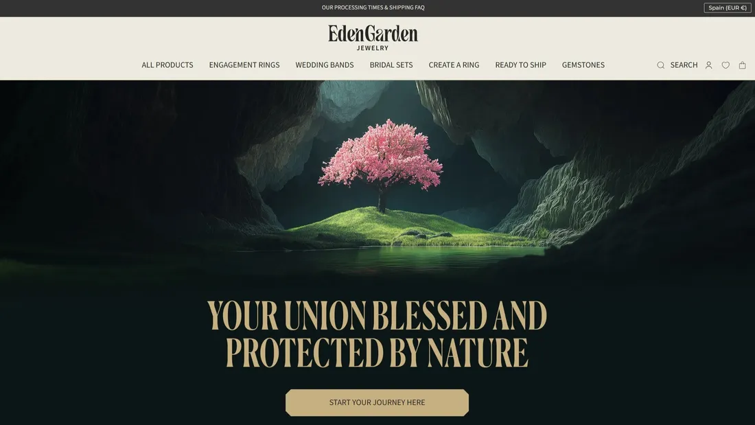 Секция «Первый экран» с сайта https://edengardenjewelry.com/?country=ES, тематика — Интернет-магазин, цвета — Белый, Черный, стиль — Классический, Минимализм, типографика — Без засечек, С засечками