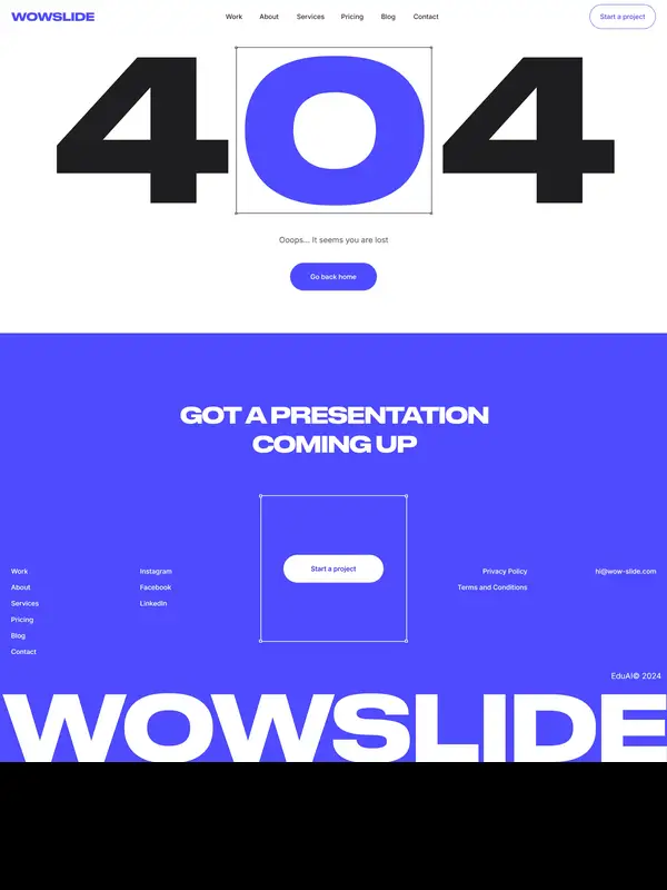 404-страница WOWSLIDE, тематика — Агентство , цвета — Белый, Фиолетовый, стиль — Корпоративный, Минимализм, типографика — Без засечек