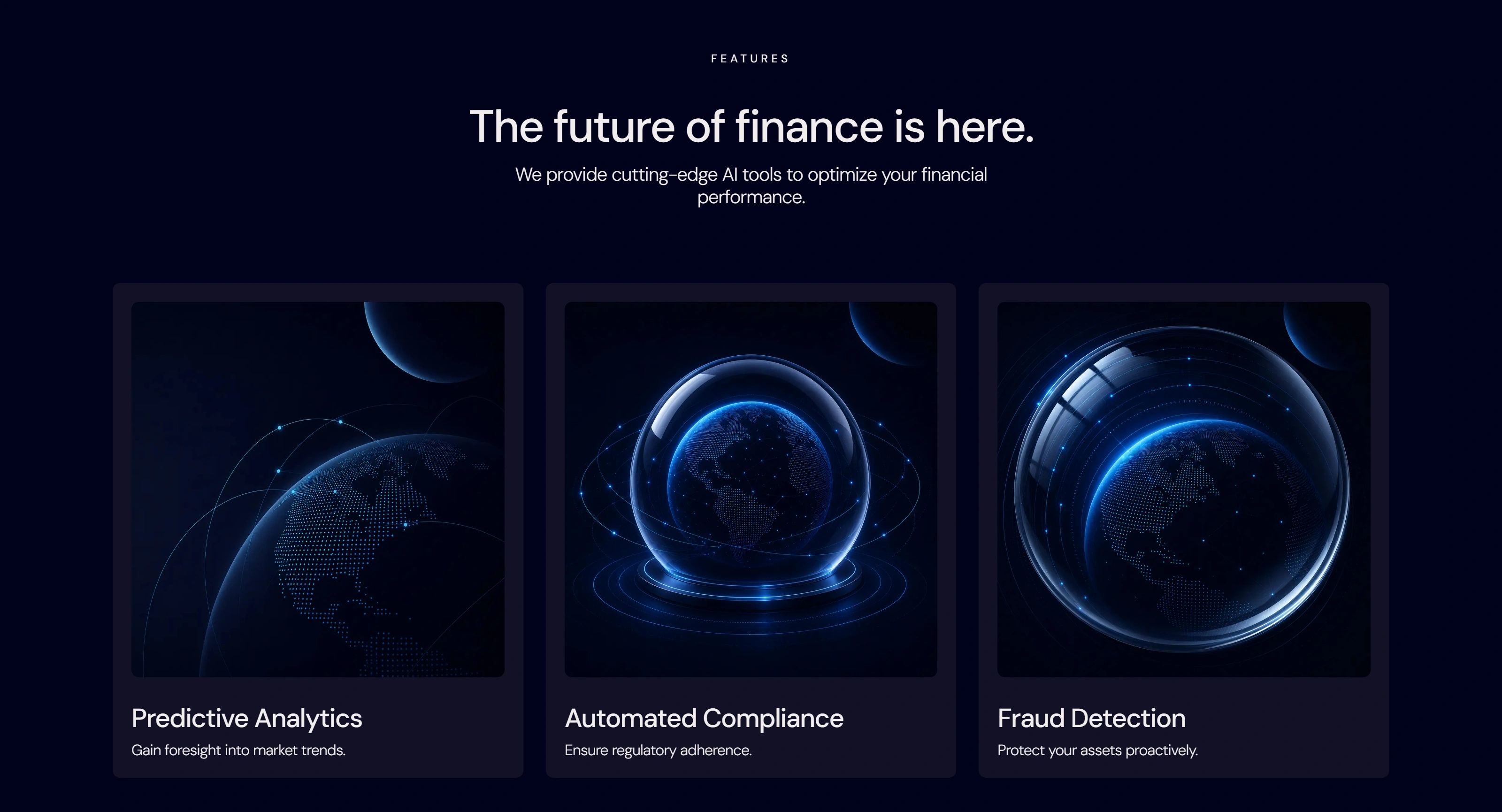 AI Finance Секция «Услуги» с сайта https://futureoffinance.peachweb.io/, тематика — Финансы, цвета — Черный, стиль — Корпоративный, Карточный, Минимализм, типографика — Без засечек