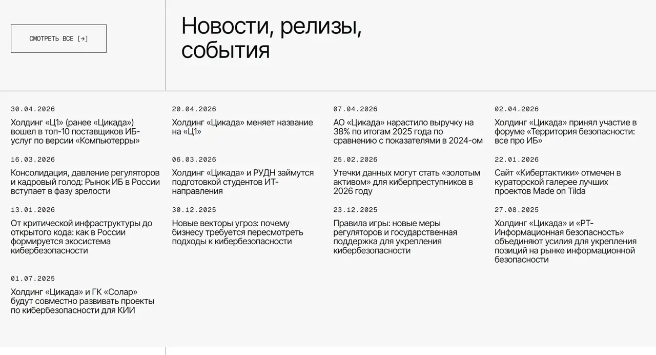 Секция «Новости» с сайта https://cybertactica.ru/, тематика — IT и программное обеспечение, цвета — Белый, стиль — Корпоративный, Минимализм, типографика — Без засечек