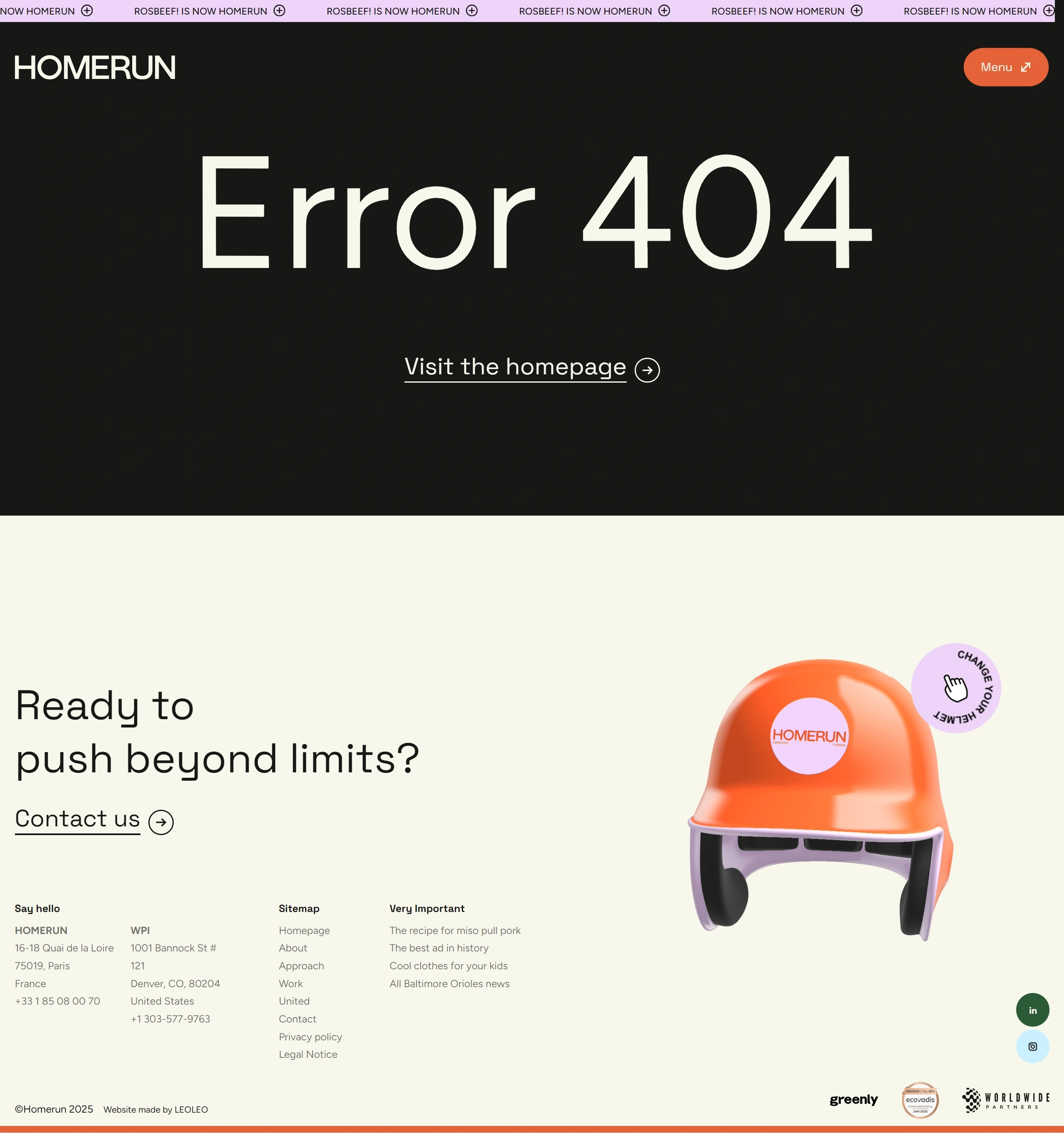 HOMERUN 404-страница HOMERUN, тематика — Агентство , цвета — Белый, Черный, стиль — Минимализм, типографика — Без засечек