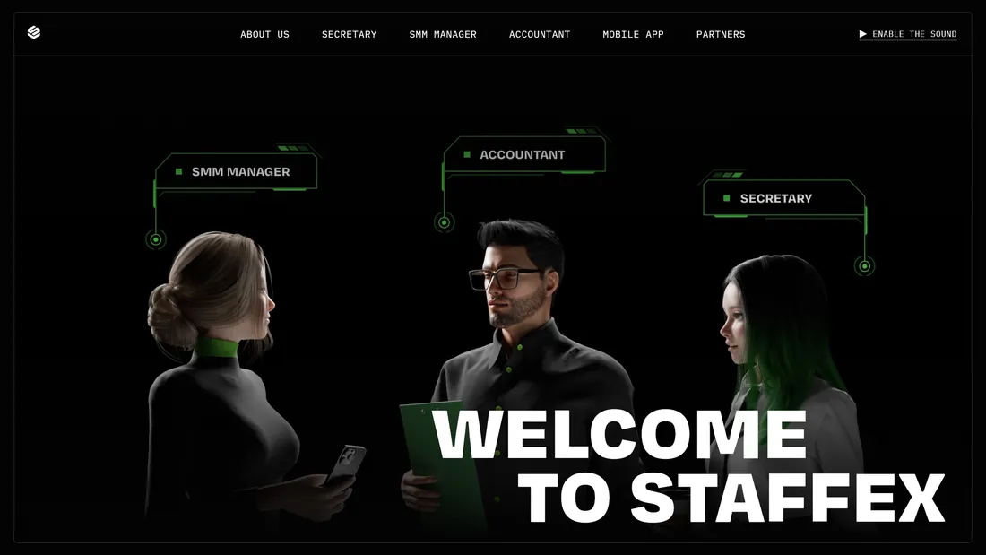 Секция «Первый экран» с сайта https://www.staffex-ai.com/index.html#mobile-app, тематика — IT и программное обеспечение, цвета — Черный, стиль — Минимализм, типографика — Без засечек