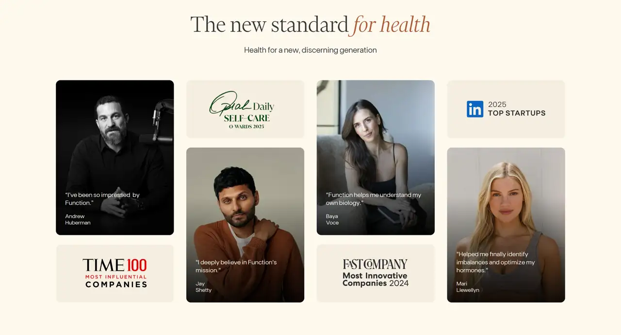Секция «Отзывы» с сайта https://www.functionhealth.com/, тематика — Здоровье и фитнес, цвета — Белый, Черный, Серый, стиль — Карточный, Минимализм, типографика — С засечками, Без засечек