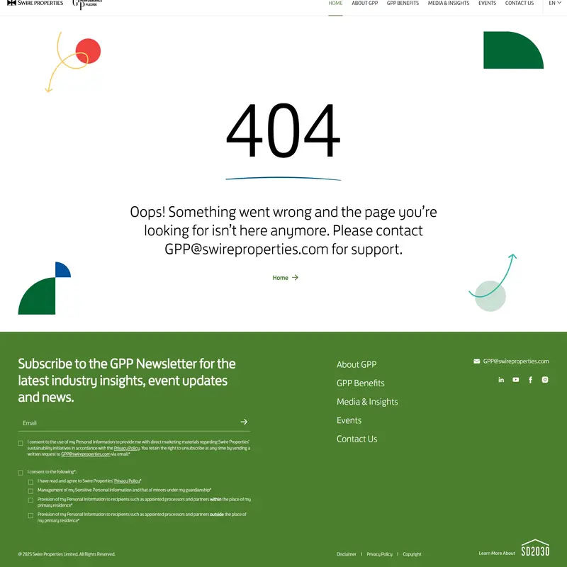404-страница Green Performance Pledge, тематика — Недвижимость, цвета — Белый, Зеленый, стиль — Корпоративный, Минимализм, типографика — Без засечек