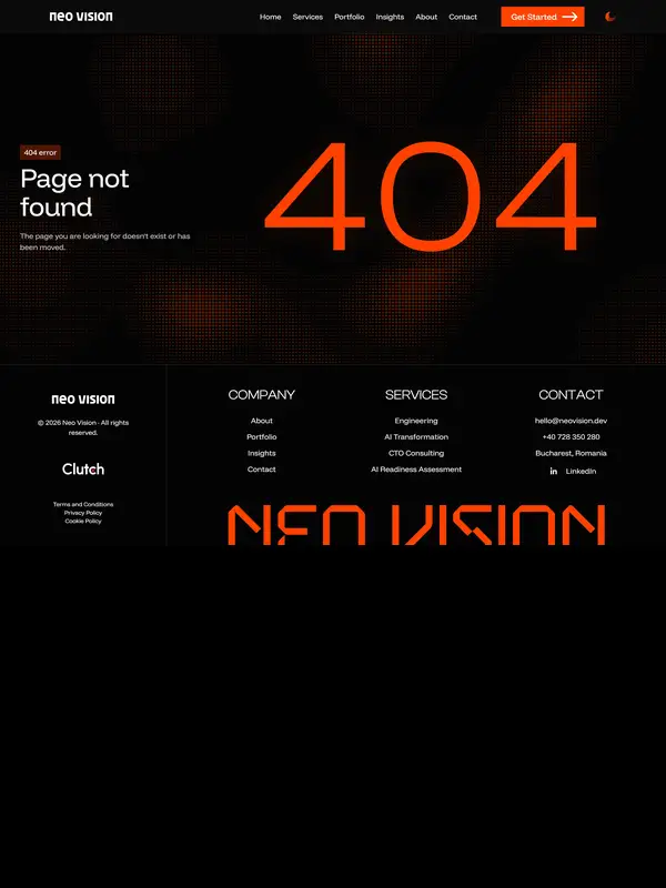 404-страница Neo Vision, тематика — IT и программное обеспечение, цвета — Черный, стиль — Корпоративный, Минимализм, типографика — Без засечек, Декоративные