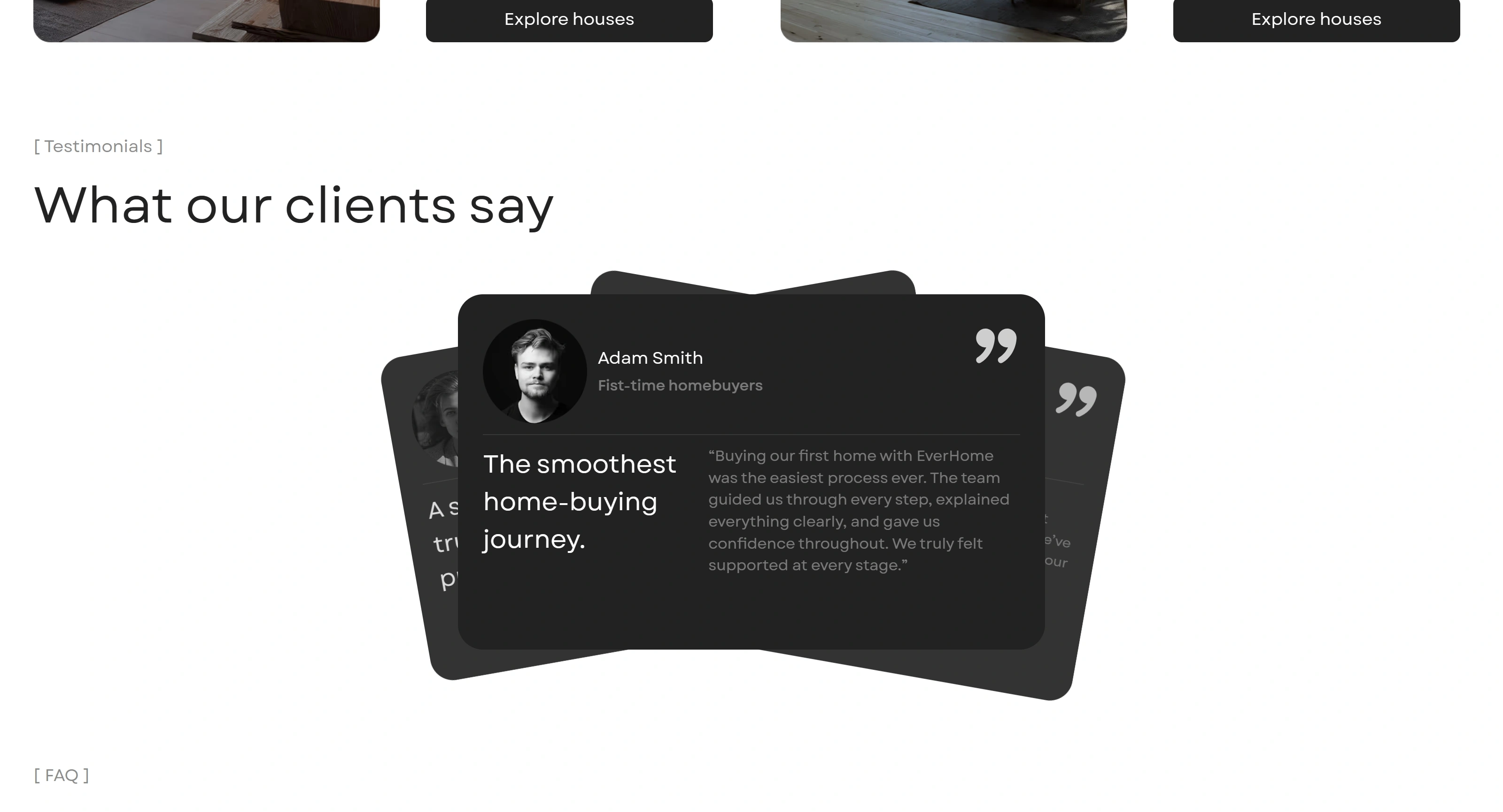 EverHome Секция «Отзывы» с сайта https://real-estate-gapsy.webflow.io/, тематика — Недвижимость, цвета — Белый, Черный, Серый, стиль — Карточный, Минимализм, типографика — Без засечек