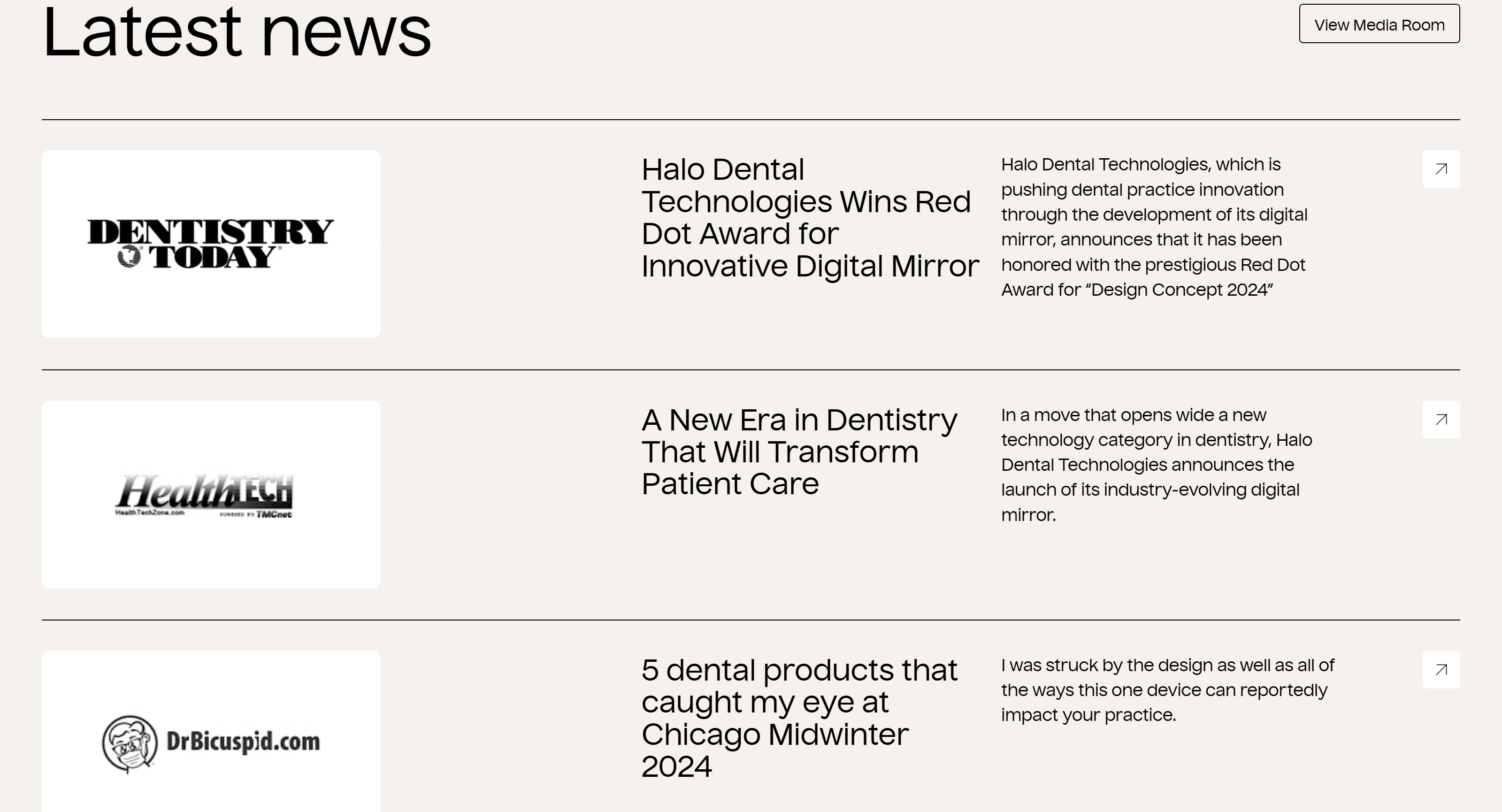 Halo Dental Technologies Секция «Новости» с сайта https://halodental.com/, тематика — Здоровье и фитнес, цвета — Белый, стиль — Карточный, Минимализм, типографика — Без засечек