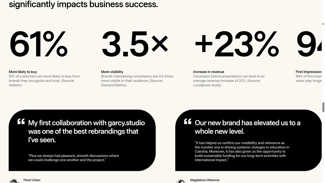 Секция «Преимущества» с сайта https://www.garcy.studio/, тематика — Бизнес и профессиональные услуги, цвета — Белый, Черный, стиль — Минимализм, типографика — Без засечек