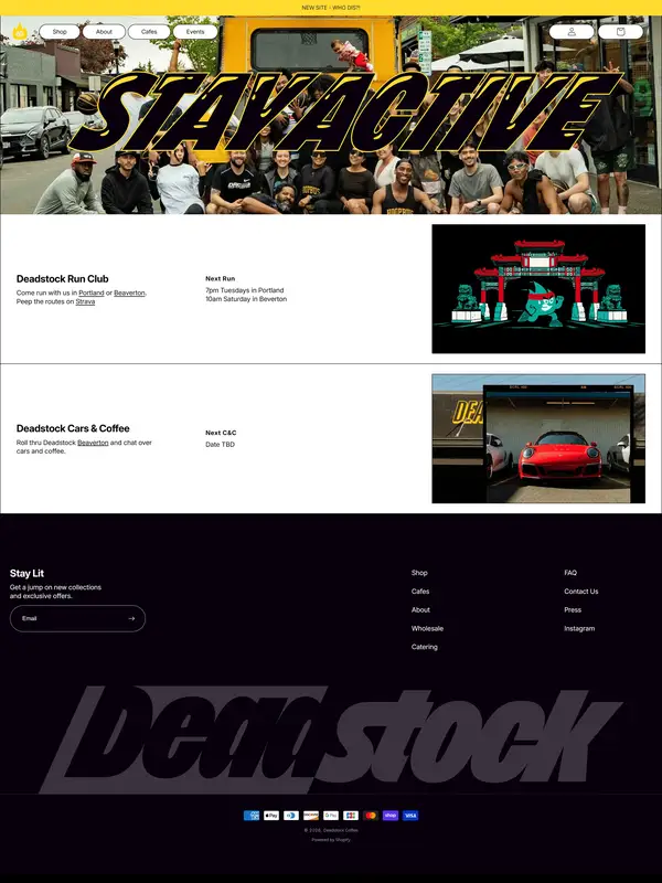 Главная Deadstock Coffee, тематика — Еда и напитки, цвета — Черный, Серый, стиль — Брутализм, типографика — Без засечек, Декоративные