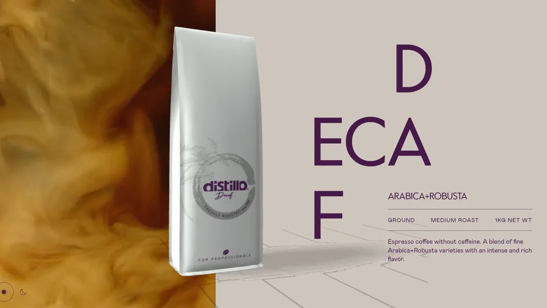 Секция «О продукте» с сайта https://distillocaffe.com/en/, тематика — Еда и напитки, цвета — Белый, Серый, Коричневый, стиль — Корпоративный, Минимализм, типографика — Без засечек