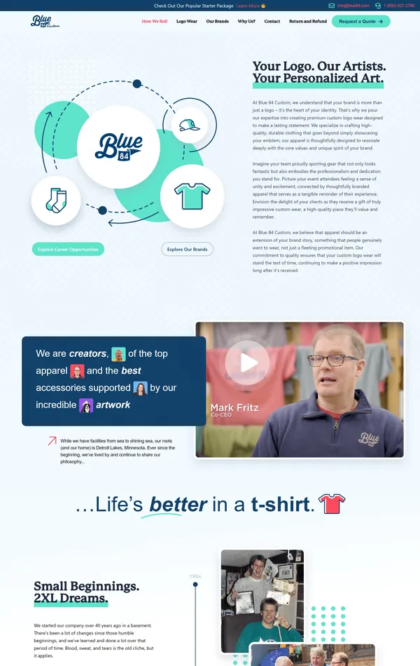 Страница о компании Blue 84 Custom, тематика — Одежда, цвета — Белый, Серый, стиль — Корпоративный, типографика — Без засечек