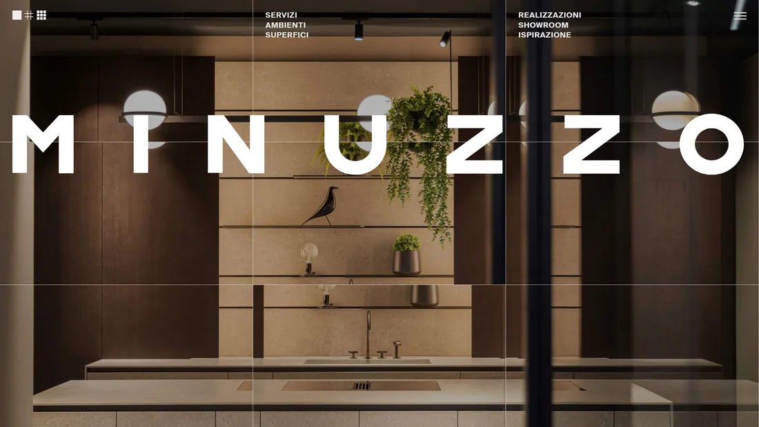 Секция «Первый экран» с сайта https://minuzzo.it/, тематика — Дизайн, цвета — Черный, Серый, Коричневый, стиль — Корпоративный, Минимализм, типографика — Без засечек