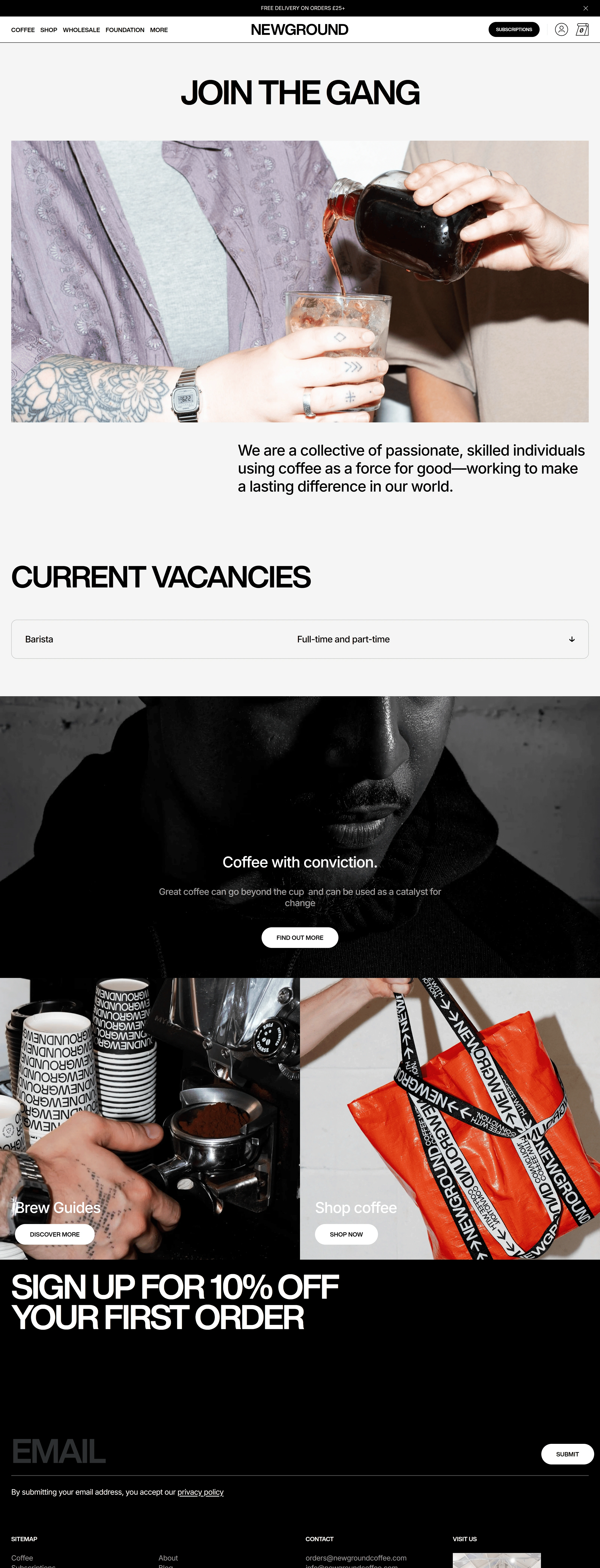 NewGround Coffee Страница карьеры NewGround Coffee, тематика — Еда и напитки, цвета — Белый, Черный, Серый, стиль — Минимализм, типографика — Без засечек