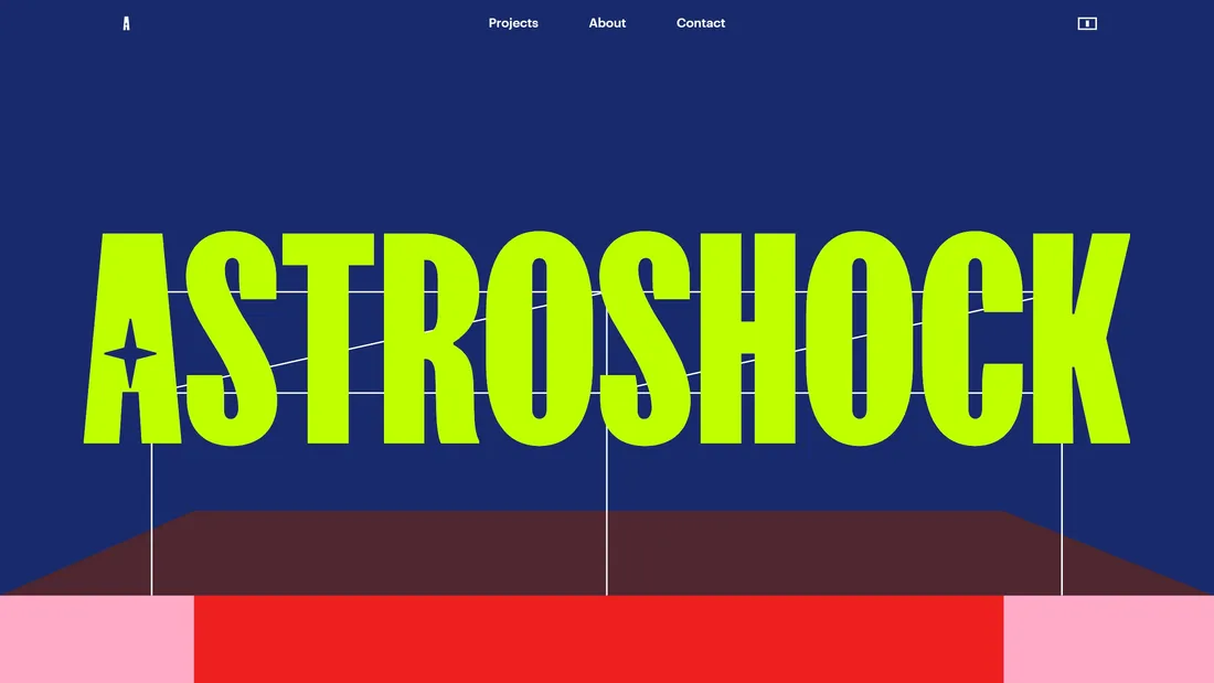 Секция «Первый экран» с сайта https://astroshock.com/, тематика — Дизайн, цвета — Черный, Оранжевый, стиль — Брутализм, типографика — Декоративные, Без засечек